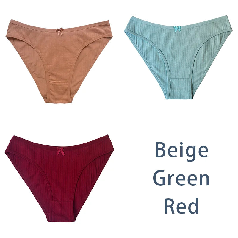 3PCS/Set Women Cotton Panties Sexy Classic Underwear Low Rise Female Rib Underpants Girls Comfort Briefs Bow Lingerie Aviola