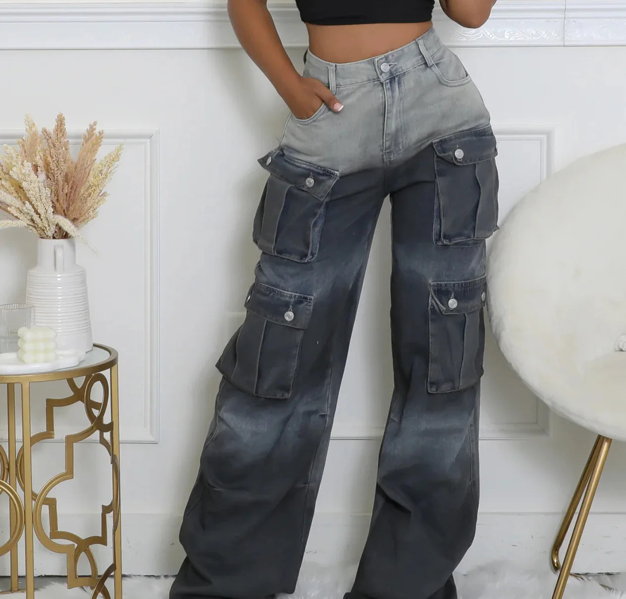 Jeans Women Denim Long Pant Cargo Pants Gradation Pockets High Waist Straight Trousers Y2k Streetwear Party Club Casual Loose Aviola