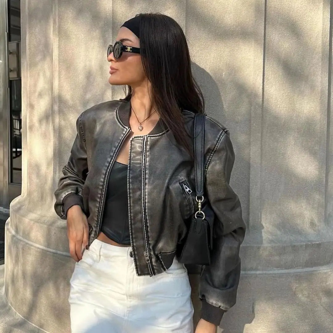 RARF  Women's  new vintage imitation leather bomber jacket coat top women's style Aviola