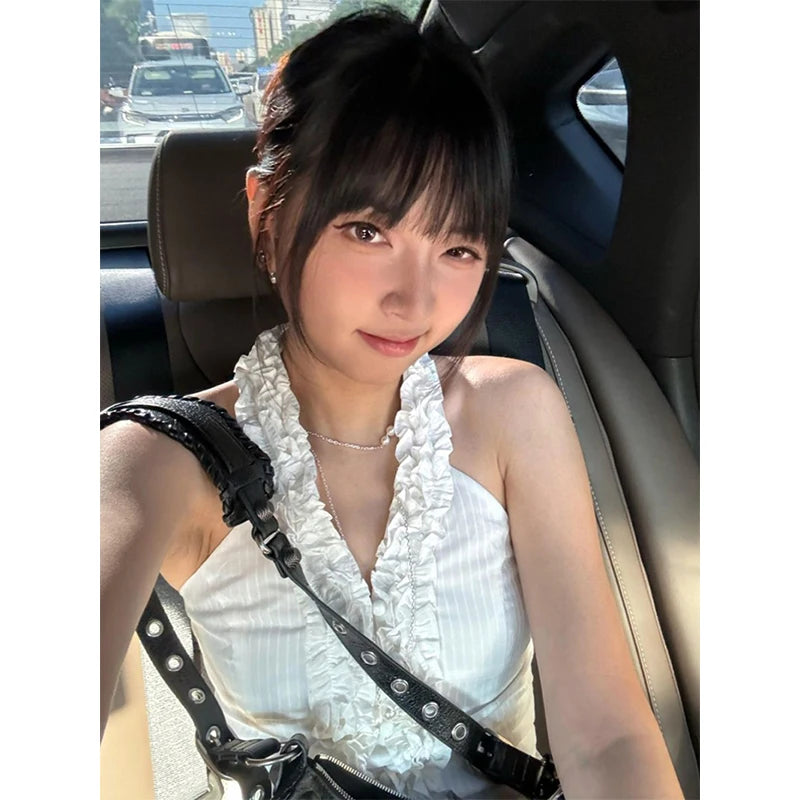 MEXZT Y2K Cropped White Shirts Women Aesthetic Sexy Halter Ruffles Blouses Summer Korean Fashion Off Shoulder Slim Design Tops Aviola