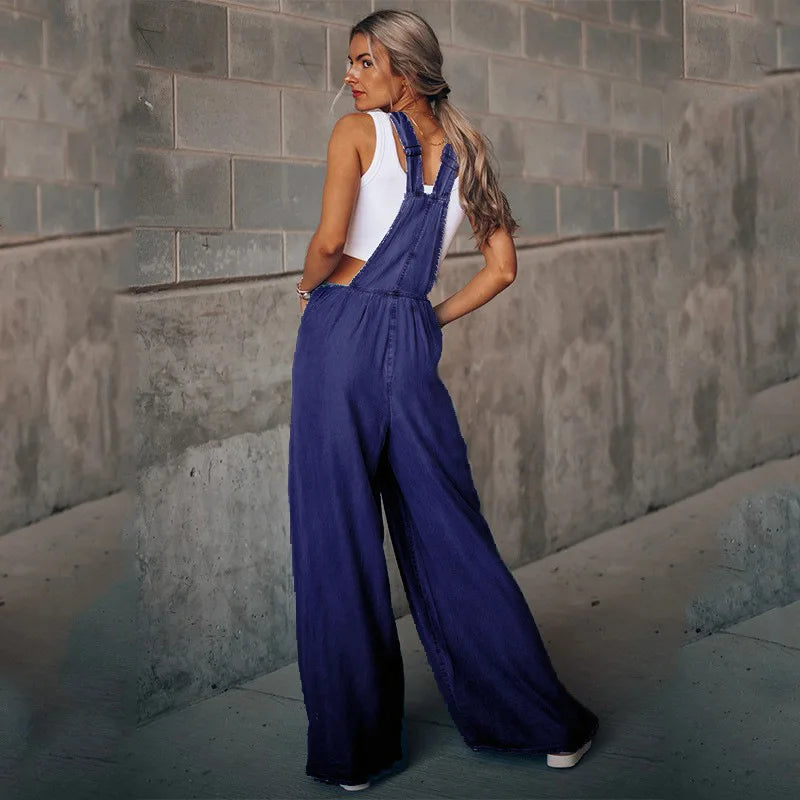 Pocket Design Wide Leg Suspender Denim Jumpsuit for Women Overall Cowboy BibSquare Neck Daily Regular Fit Sleeveless Summer Fall Aviola