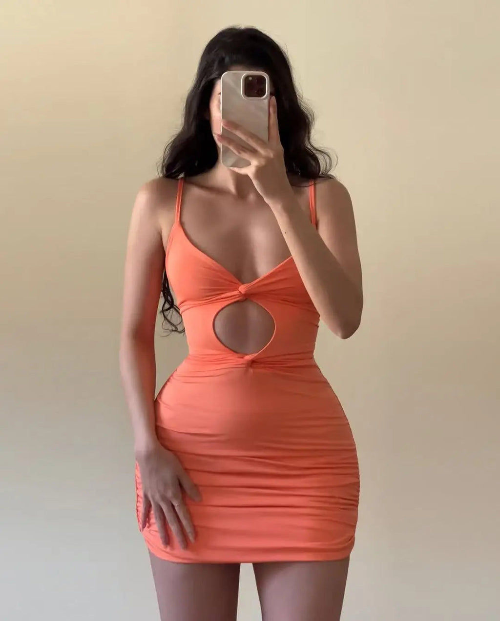 A sexy strappy V-neck, hollowed-out pleated, slimming and body-hugging dress Aviola