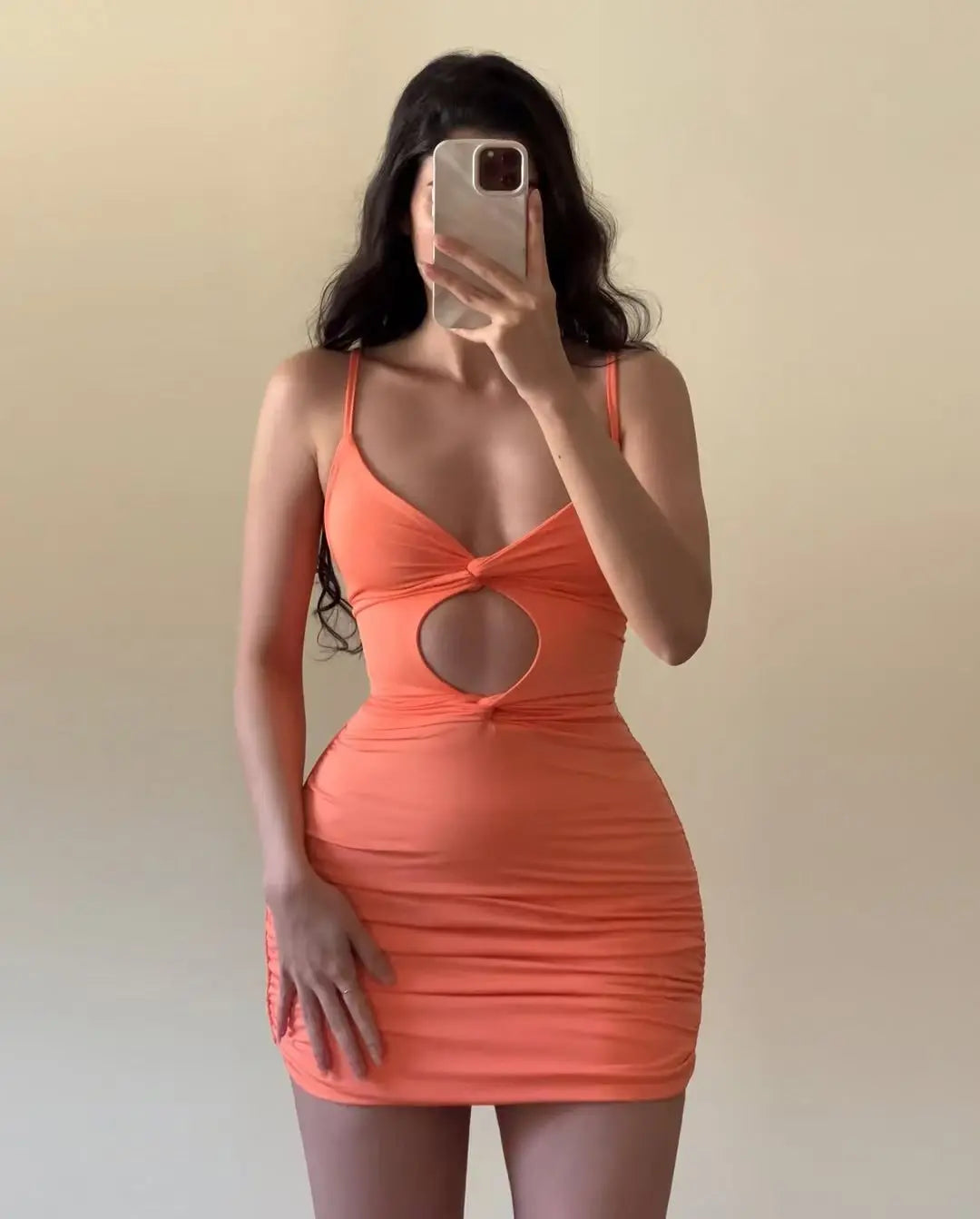 A sexy strappy V-neck, hollowed-out pleated, slimming and body-hugging dress Aviola