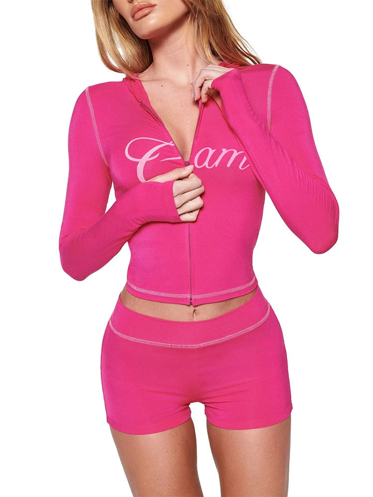 Nibber Summer swee Sporty Women Tracksuit 2 Piece Set Lettert Zip Hooded Jacket+Biker Shorts Matching Stretch Activity Suits Aviola