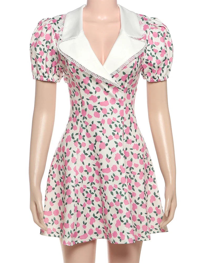 Nibber Low-Neck Dress Women Floral Print Patchwork Lace Draps Puff Sleeves Elegant Temperament Sweet Summer Trend Party Bodycon Aviola