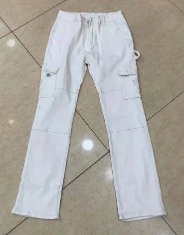Women Jeans Spliced Cargo Denim Pants Ankle Length Jean Pockets High Waist Washed Loose Solid Straight Pant Basics Casual Aviola