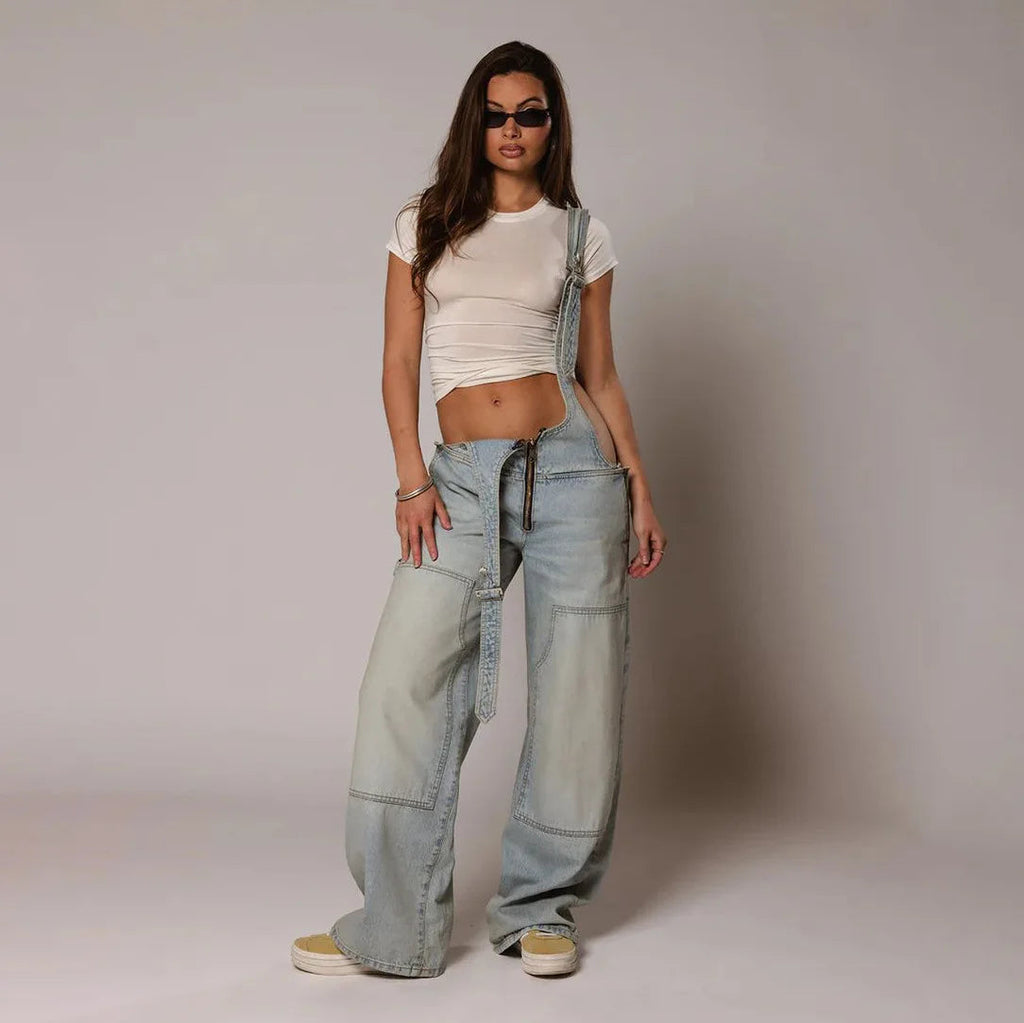 Jumpsuits Women Jeans Overalls Sexy Backless Vintage Full Length Denim Straight Pants Loose Pockets Distressed Washed Casual Aviola