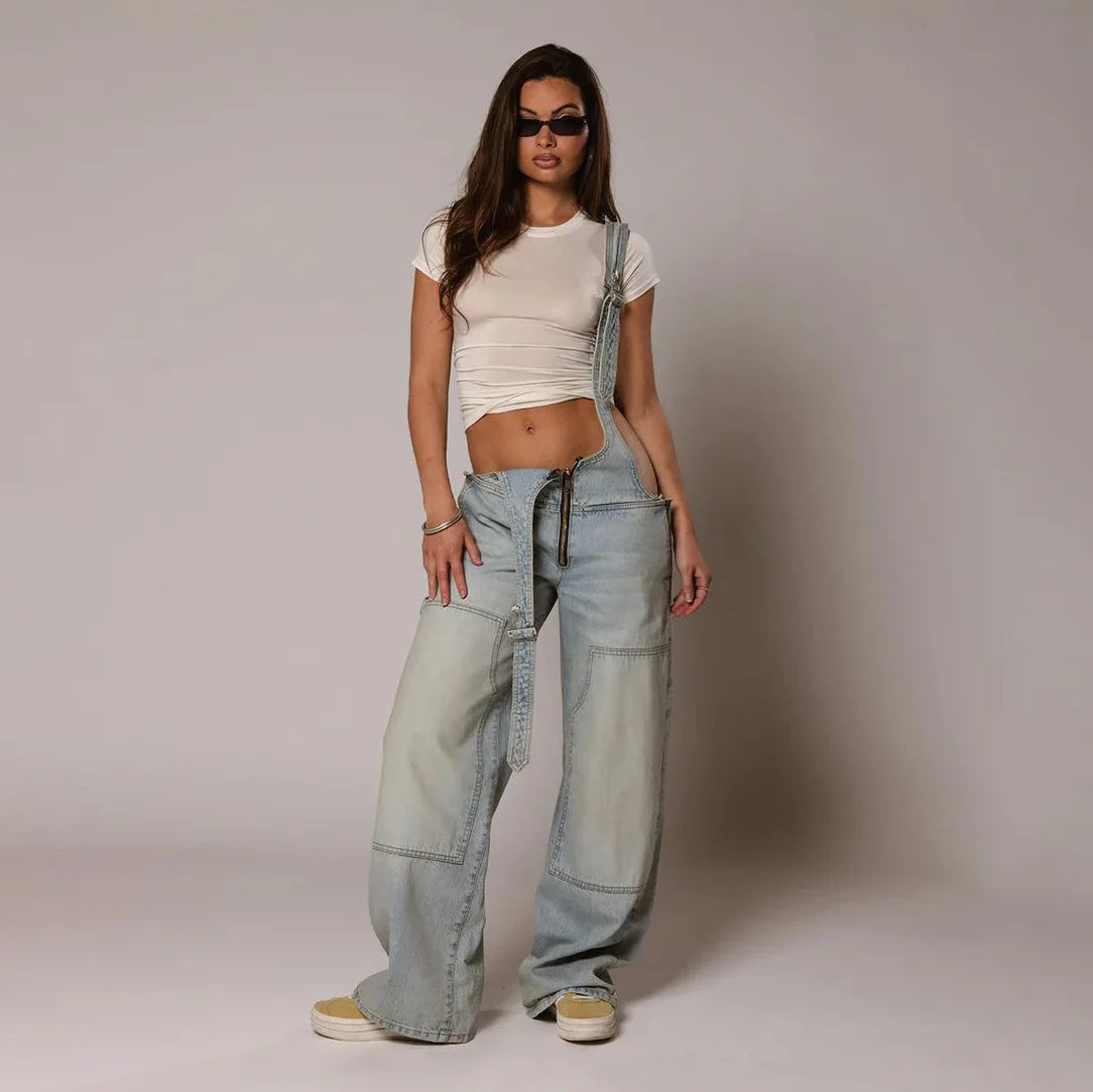 Jumpsuits Women Jeans Overalls Sexy Backless Vintage Full Length Denim Straight Pants Loose Pockets Distressed Washed Casual Aviola