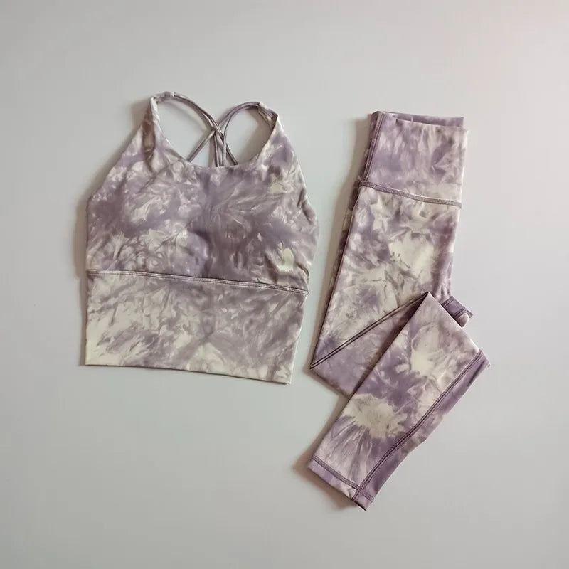 2PCS Seamless Women Yoga Set Workout Sportswear Fitness Crop Top Tie Dye High Waist Leggings Gym Clothing Two Piece Sports Suits Aviola