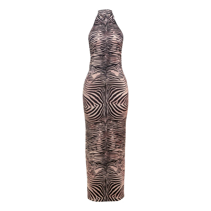 Nibber Split Tiger Stripes Maxi Dress Women Y2K Tight Stretch Summer Backless Sleeveless Sexy Midnight Clubwear Party Vestidos Aviola