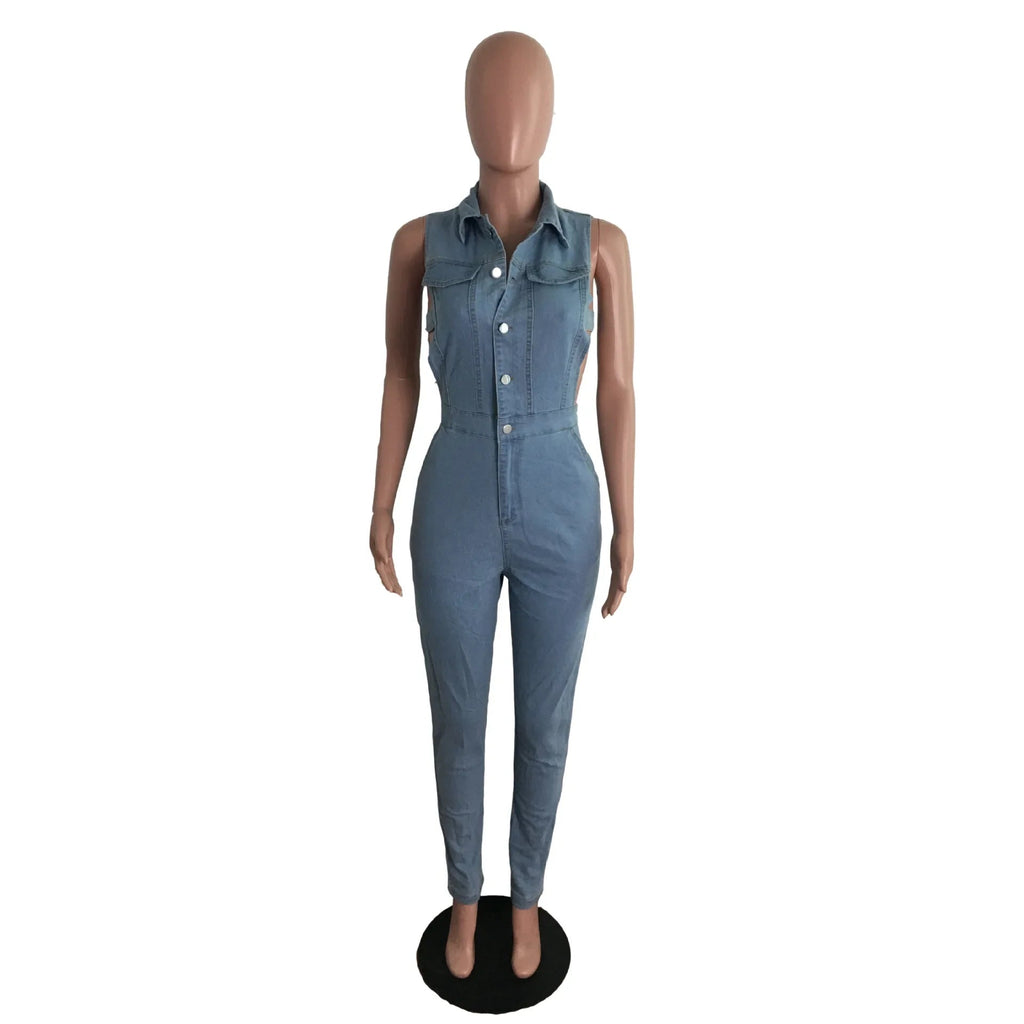 Hollow Denim Ankle Length Pants Women Overalls Spliced Washed Pencil Jeans Vintage Skinny Jean One Piece Button Sexy 2025 Aviola