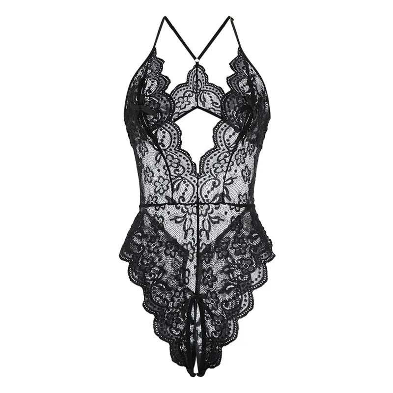 Porno Crotchless Underwear For Women Lace Cutout Transparent Teddy Erotic Costumes Sexy Lingerie Deep V Open Bra Baby Doll Dress Aviola