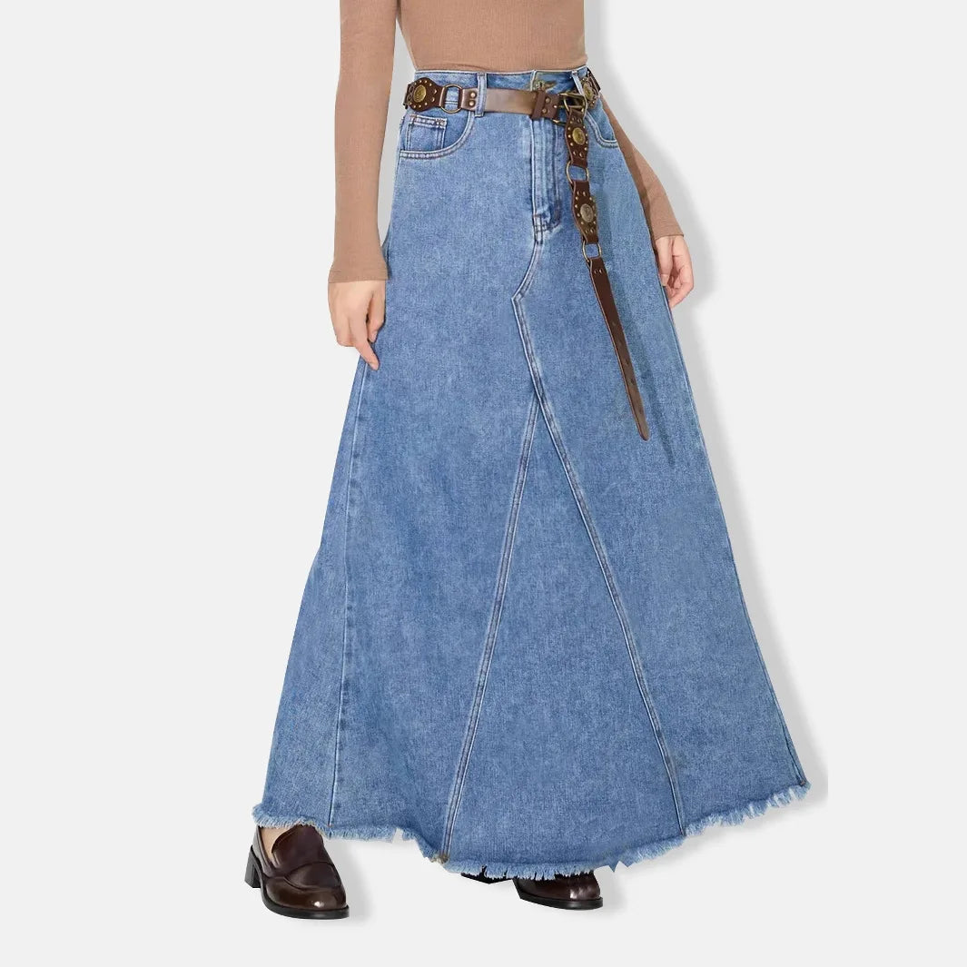 Denim Skirt Women Vintage Long Skirts High Waist Distressed Washed Button Pockets Summer Mom Jeans Y2k A Line Streetwear 2025 Aviola