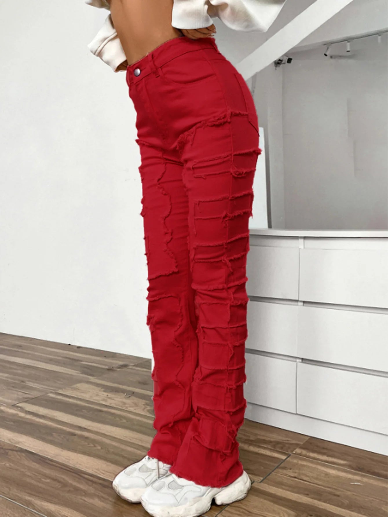 Women Jeans Denim Straight Pants Spliced Patchwork High Street Slim Fit Pockets Mid Waist Washing Zipper Slight Srech 2024 Aviola