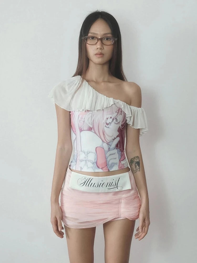 Nibber Backless Cartoon Print T-Shirts Women Ruched Skew Collar Off Shoulder Y2K Sweet Style Street Fashion Elegant Thin Outfits Aviola