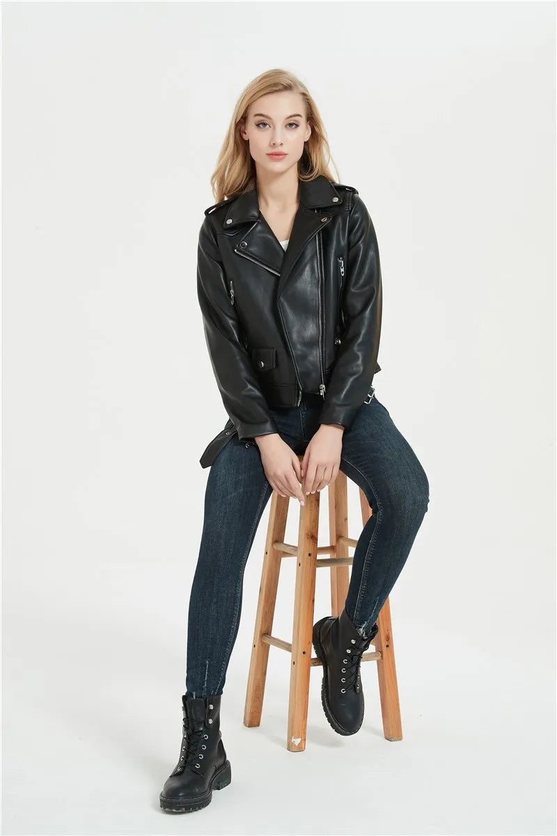 RARF Spring and Autumn 2025 New faux leather PU jacket with belt women's lapel motorcycle jacket black zip biker jacket Aviola