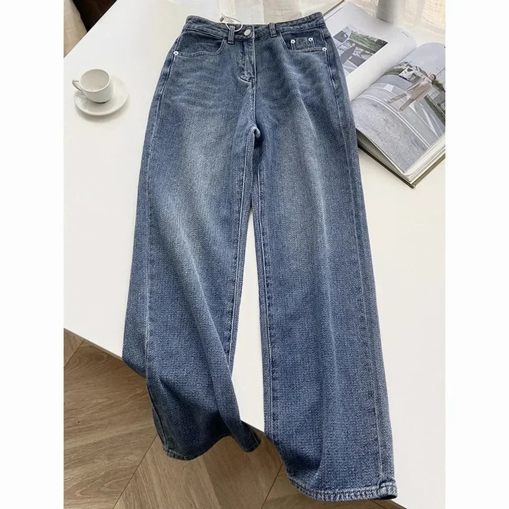 Jeans Women Wide Leg Pants Denim High Waist Zipper Fly Vintage Pockets Button Floor Length Trousers Straight Casual Denims Aviola