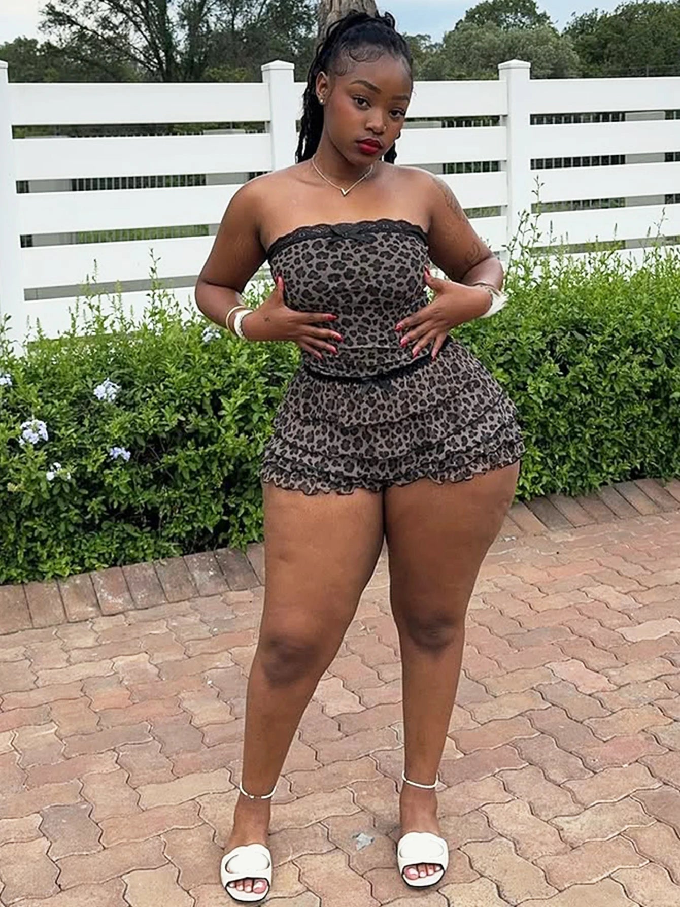 Nibber Sexy Leopard Print 2 Piece Set Women Mesh Patchwork Strapless Tops+Ruched Tierred Shorts  Hottie Street Hipster Suits Aviola