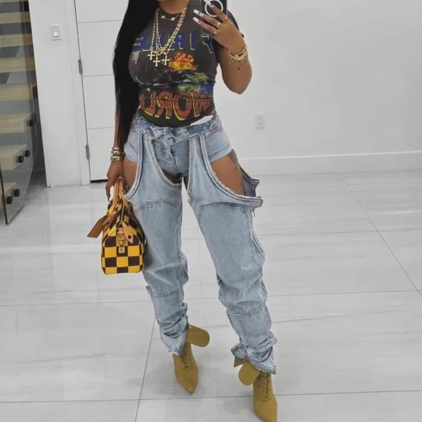Mom Jeans Straight Pants Women Hollow Out Zipper High Strecth Pockets Irregular Denim Vintage Y2k 2025 Trousers Streetwear Aviola