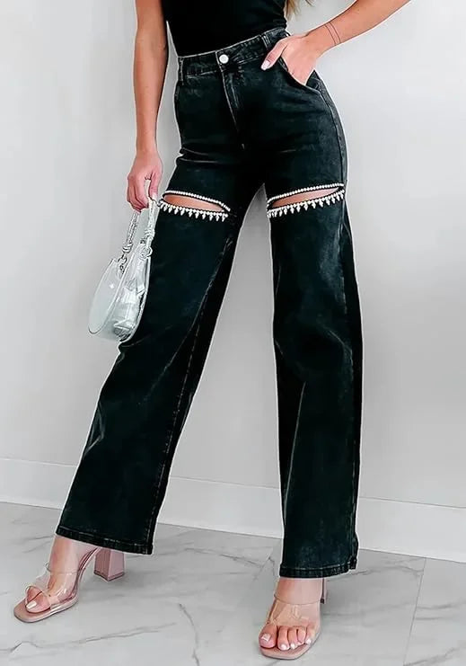 Denim Jeans for Women Streetwear Straight Pants Hole Diamonds Mid Waist Washed Distressed 2025 Casual Mom Ankle Length Trousers Aviola