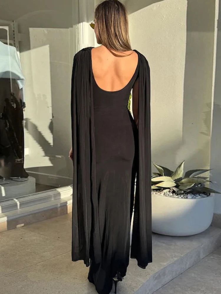 Nibber Backless Maxi Dress Women Folds Tassel Sleeveless Skinny Solid High Stretch Elegant Banquet  Birthday Party Long Bodycon Aviola