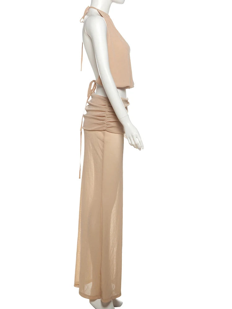 Nibber Vacation Sexy Women 2 Piece Set Elegant Y2K Backless Halter Folds Tank Tops+Long Skirts Summer Beach Party Clubwear Aviola