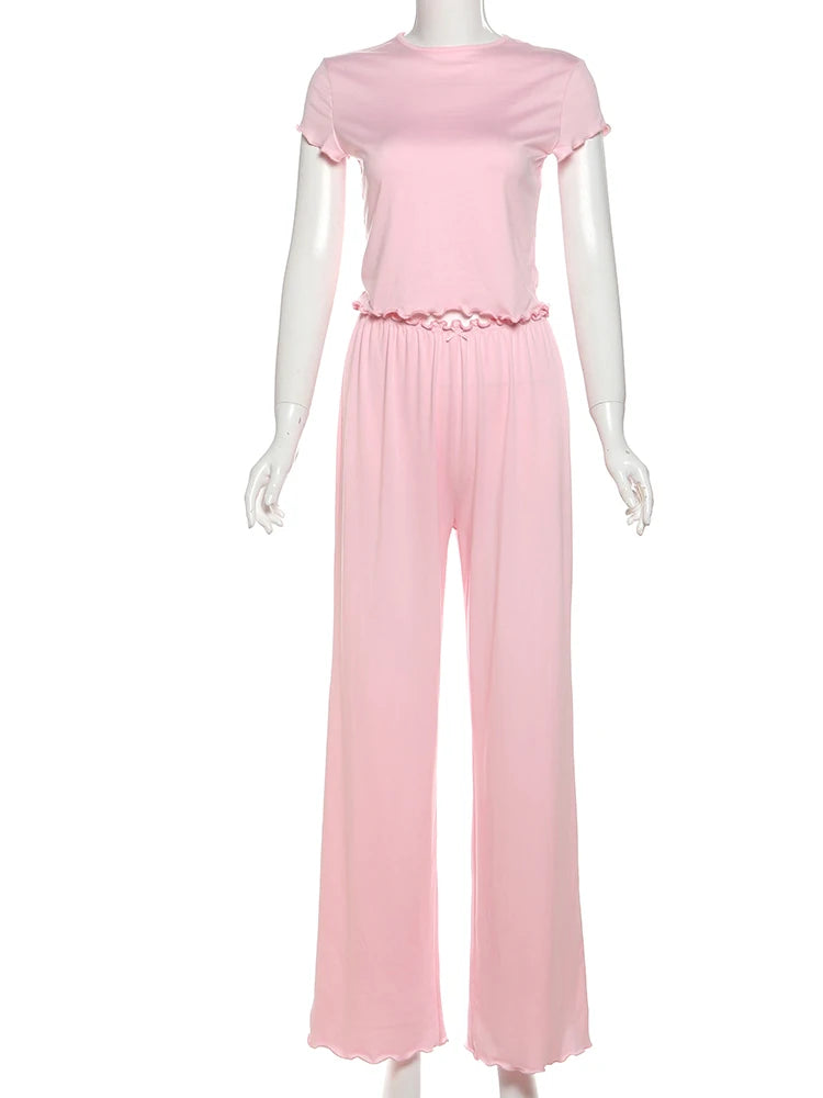 Nibber Classic Ruffles 2 Piece Set Women Tracksuit Casual Simple Summer Crop Tops+Pants Matching Street Solid Stretch Outfits Aviola