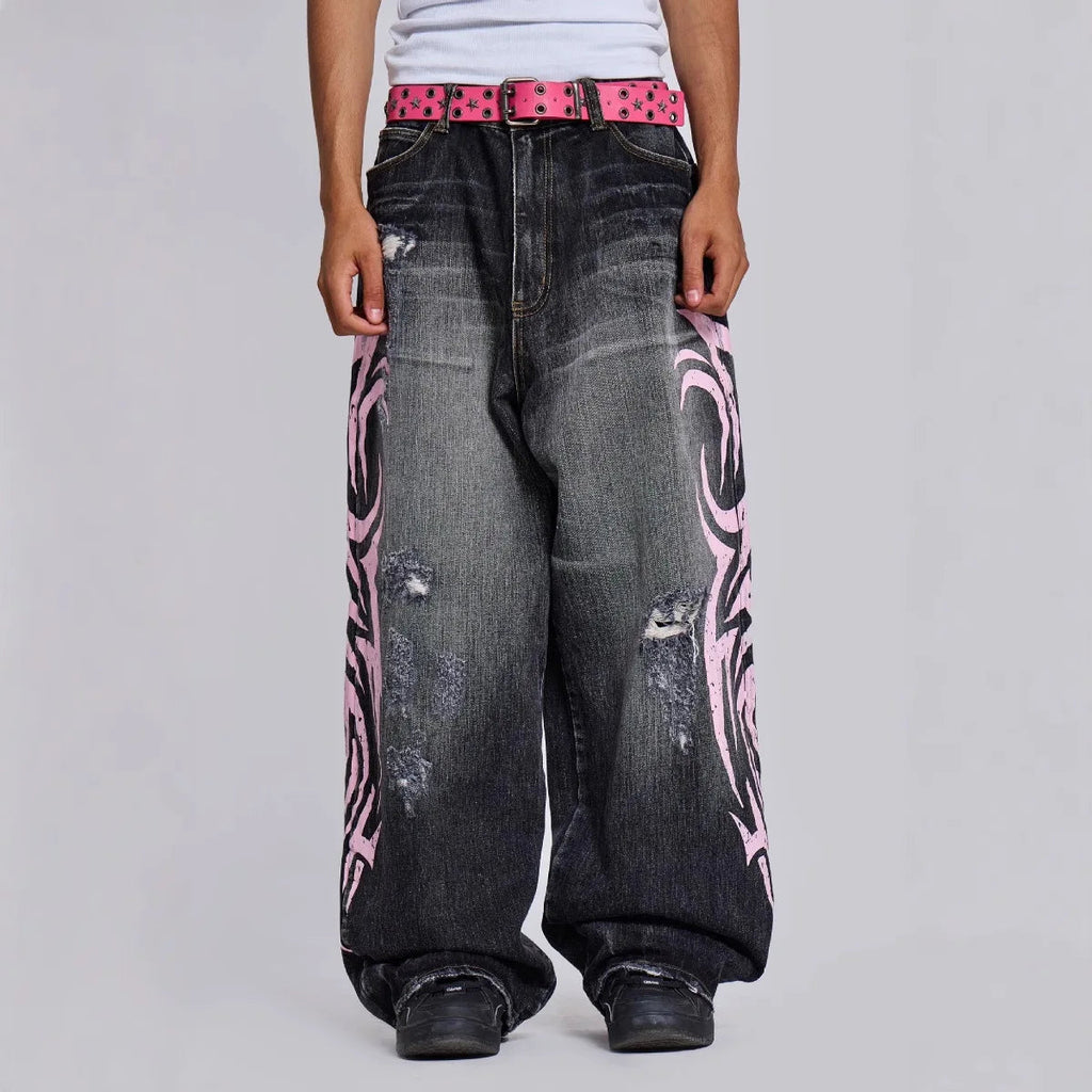 Denim Pant Women Jeans Wide Leg Long Pants Hole High Waist Straight Trousers Y2k Streetwear Print Mom Jeans Casual Loose 2025 Aviola
