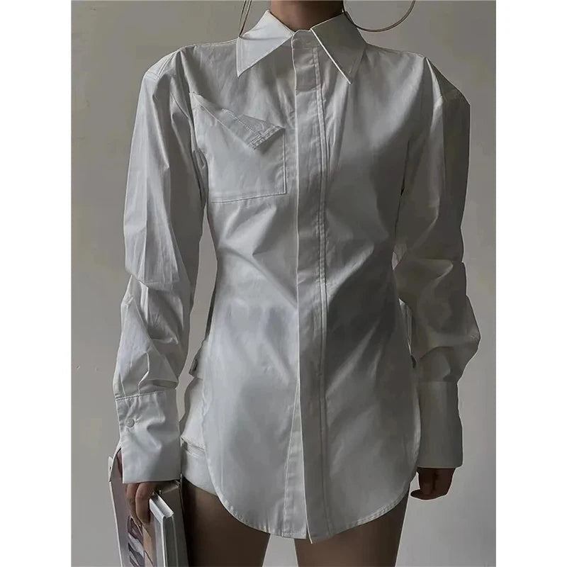 MEXZT Elegant White Shirts Women Fashion Streetwear Long Sleeve Blouses Korean Simple Pocket Button Up Ladies Design Tunic Tops Aviola