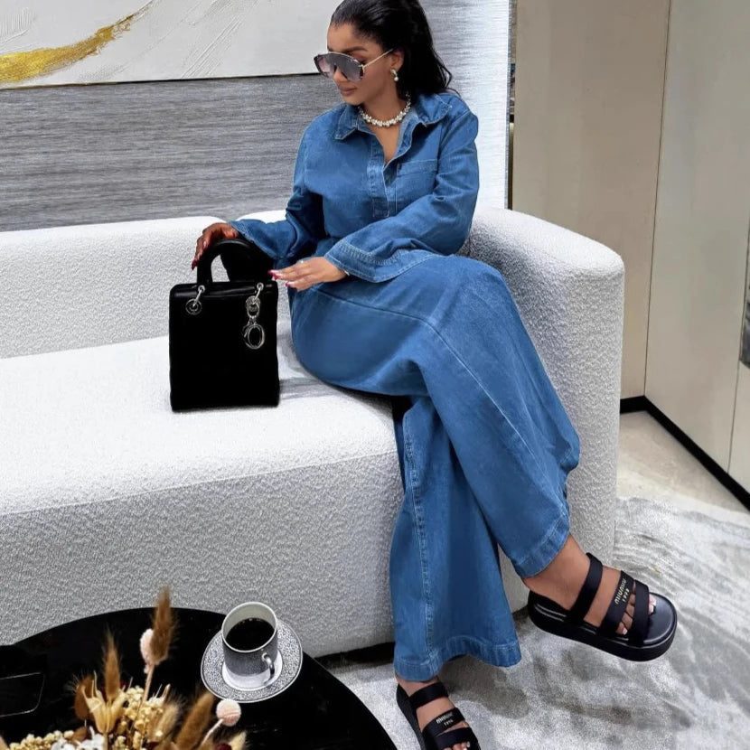 Denim Pant Set Women Two Piece Sets Turn Down Collar Mom Jeans Shirt Tops Wide Leg Long Pants Straight Trousers Y2k Streetwear Aviola