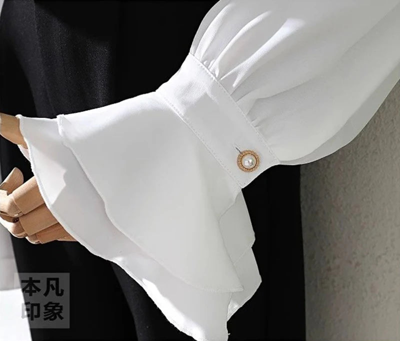 MEXZT Vintage White Shirts Women Elegant Ruffles Flare Long Sleeve Blouses Office Ladies Korean Single Breasted Design Chic Tops Aviola