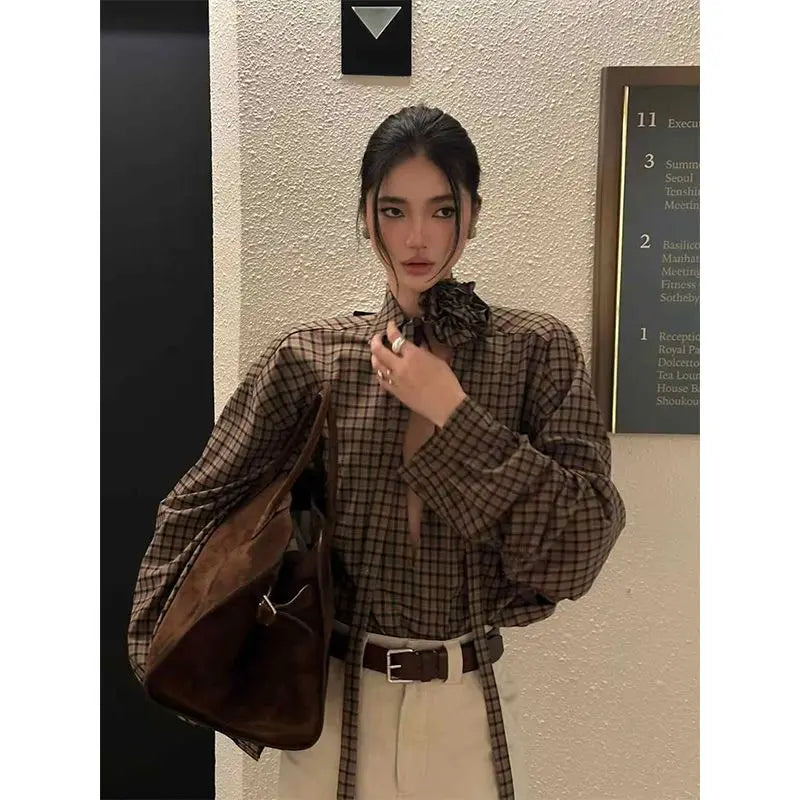 MEXZT Y2K Hollow Out Plaid Shirts Women Vintage Streetwear 3D Floral Lace Up Blouses Harajuku Long Sleeve Loose Design Tops New Aviola