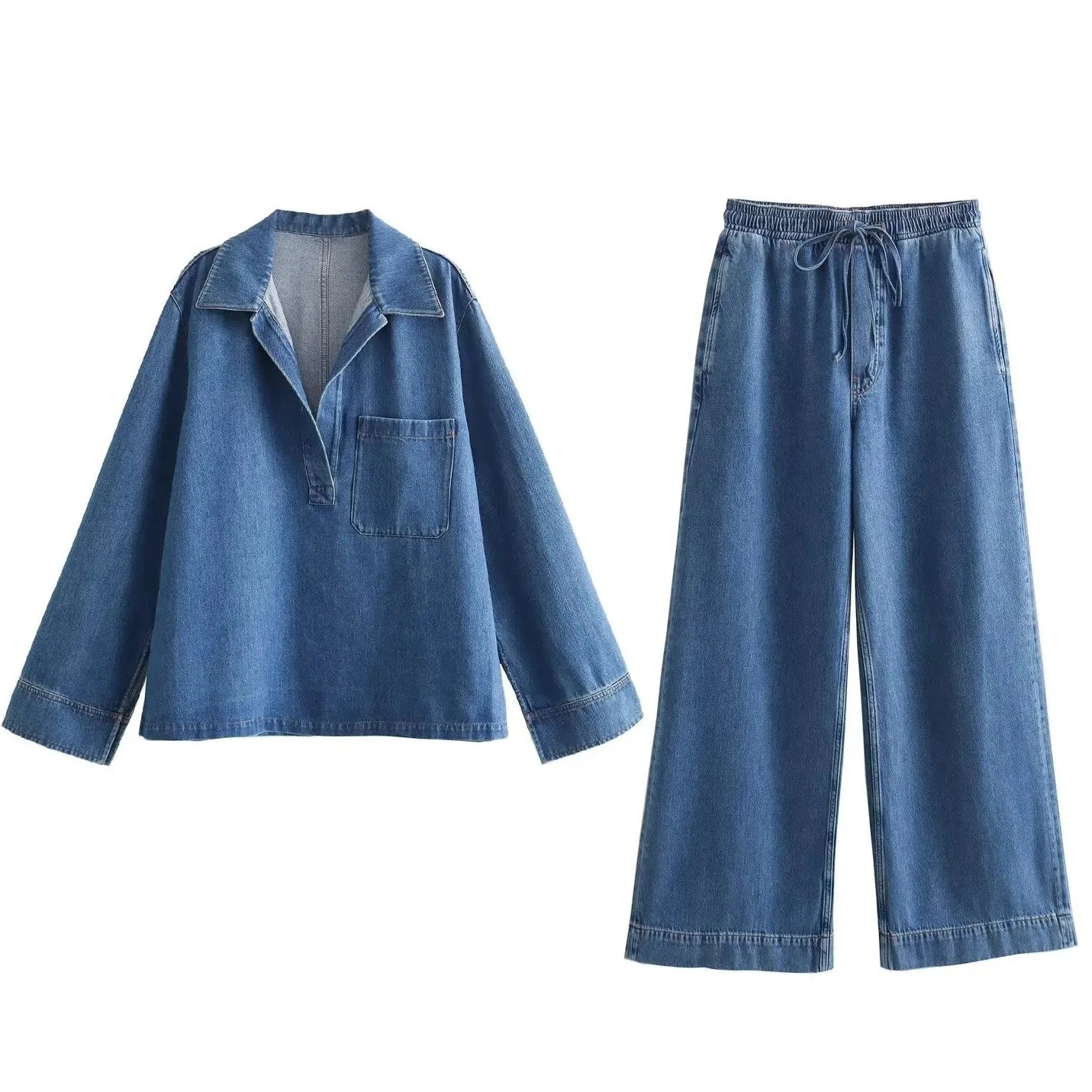 Two Piece Sets Women Denim Top Straight Wide Leg Pants Mom Jeans Matching Sets Lace Up Trousers Ensemble Streetwear Outfits Aviola