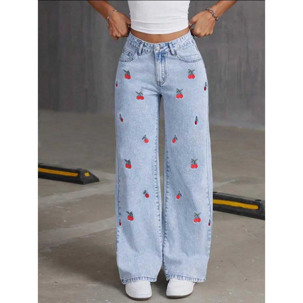 Denim Wide Leg Pants Women Jeans Embroidery High Waist Distressed Washed Mom Pockets Vintage Floor Length Trousers Streetwear Aviola