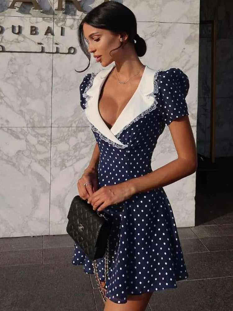 Nibber Low-Neck Dress Women Floral Print Patchwork Lace Draps Puff Sleeves Elegant Temperament Sweet Summer Trend Party Bodycon Aviola