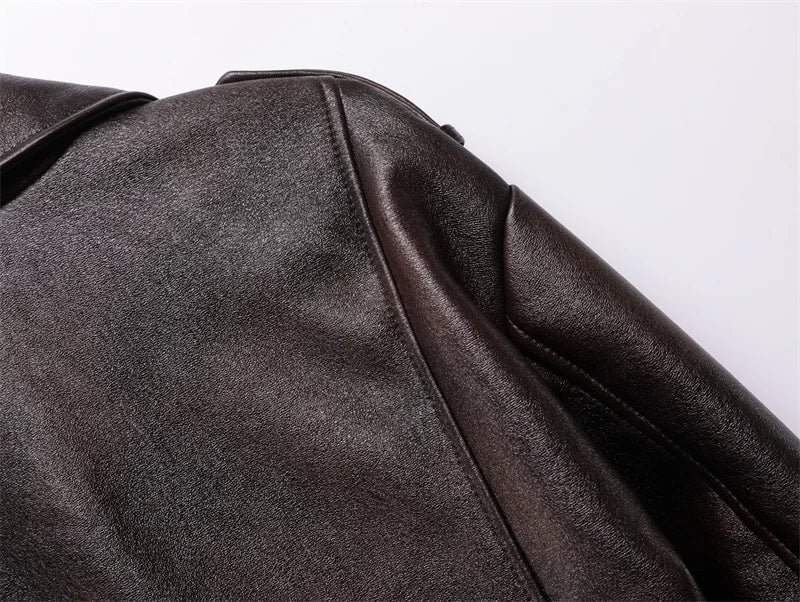 Dark brown Coal graysty le Women's washed leather jacket with belt, short coat with downgraded zipper and vintage lapel jacket Aviola