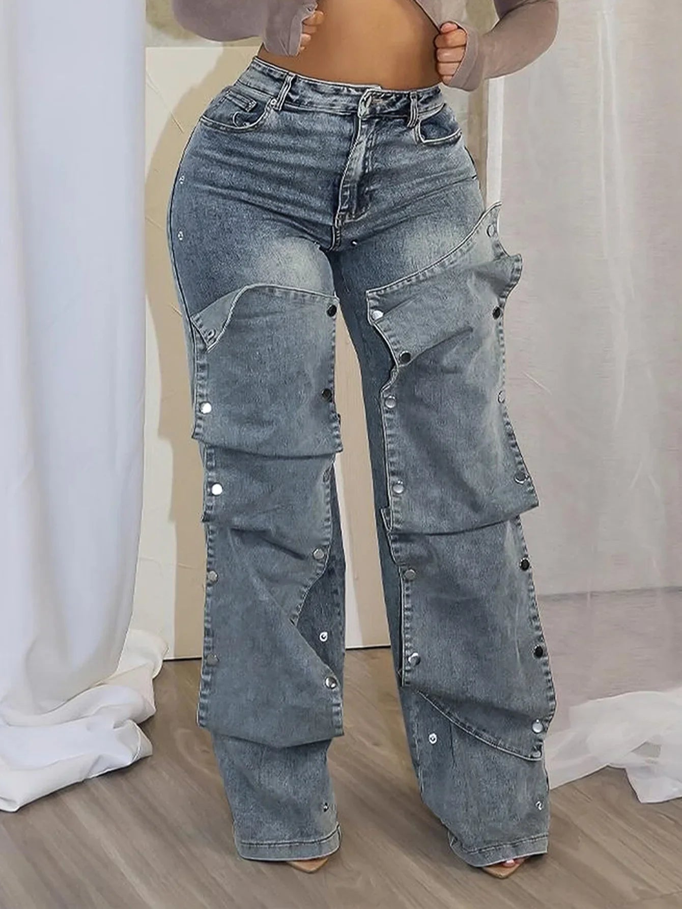 Jeans Denim Pants Women Straight Button Pockets High Waist Mom Floor Length Washed Distressed Strech Trousers 2025 Streetwear Aviola