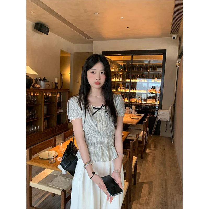 MEXZT Vintage Plaid Shirts Women Japanese Harajuku Bow Lace Patchwork Blouses Summer Kawaii Cute Puff Short Sleeve Casual Tops Aviola
