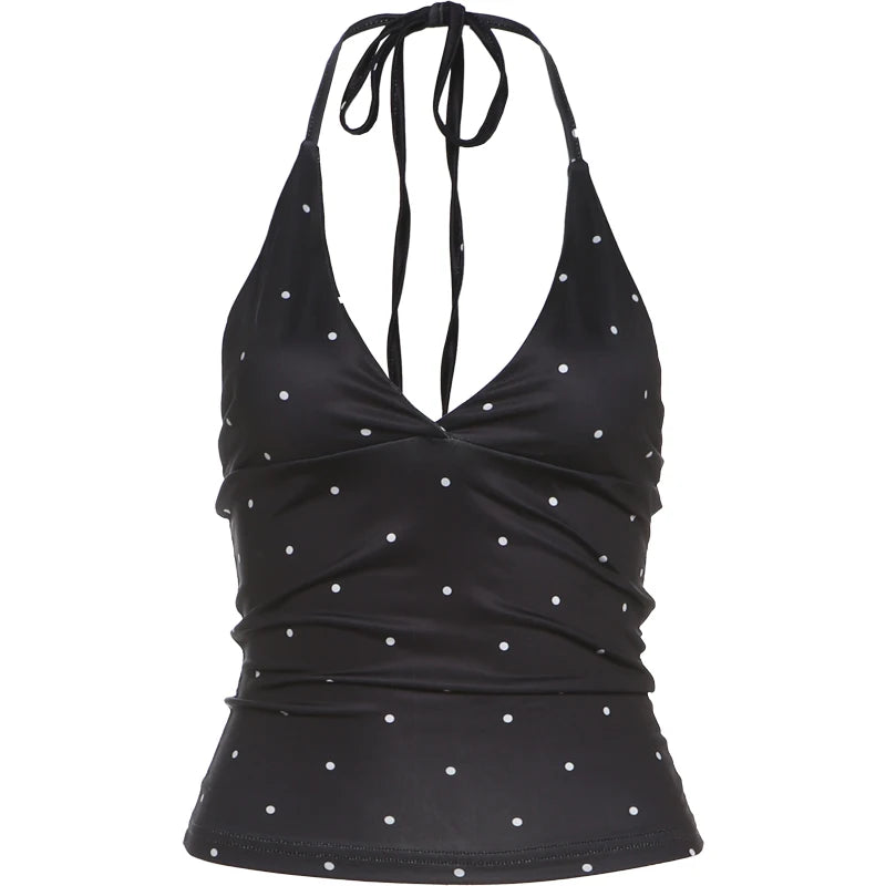 Nibber Polka Dot Print Tops Women v-Neck Halter Lace-Up Backless Sleeveless Skinny Sexy Daily Street Summer Versatile Outfits Aviola
