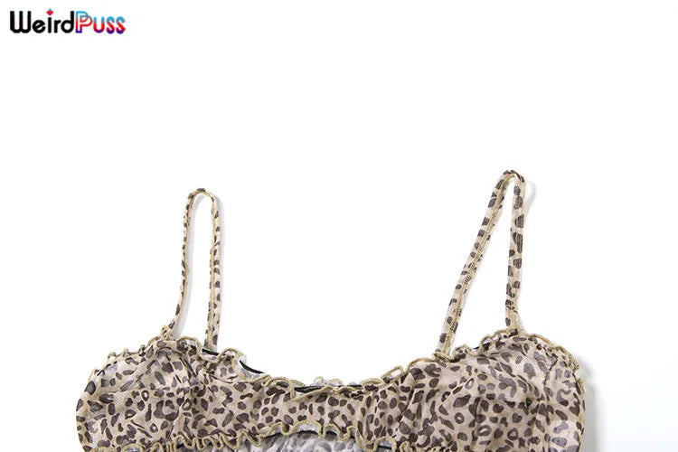 nibber Sexy Leopard Print Women 2 Piece Set Y2K See Through Summer Ruffles Camisole+Shorts Vacation Matching Clubwear Outfits Aviola