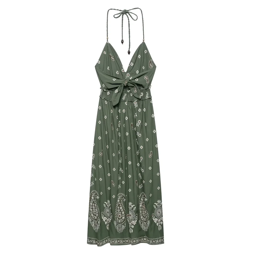 BM&MD&ZA2025embroidery print sling v-neck high waist loose halter neck backless dress summer women's wear Aviola