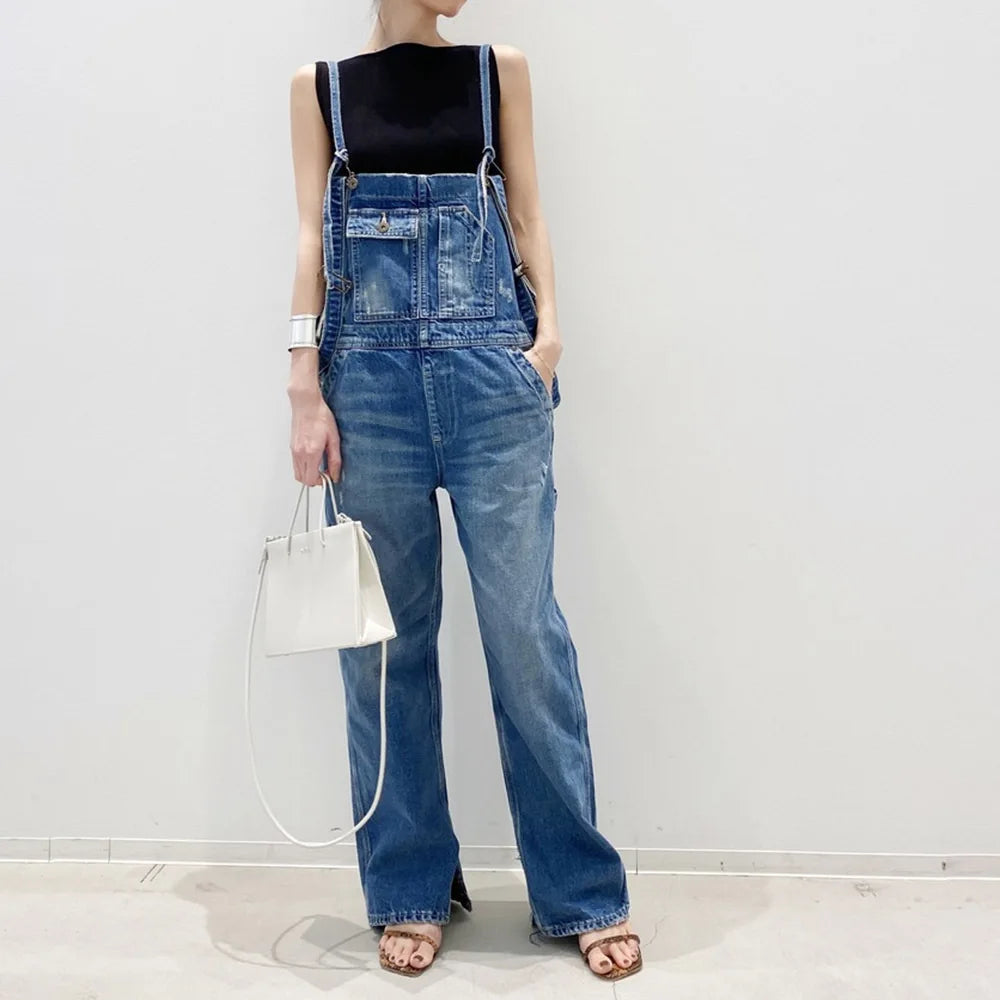 Overalls Vintage Spliced Washed Jeans Women Ankle Length Denim Straight Cargo Pants Jean Pockets Solid Basics 2024 Loose Aviola