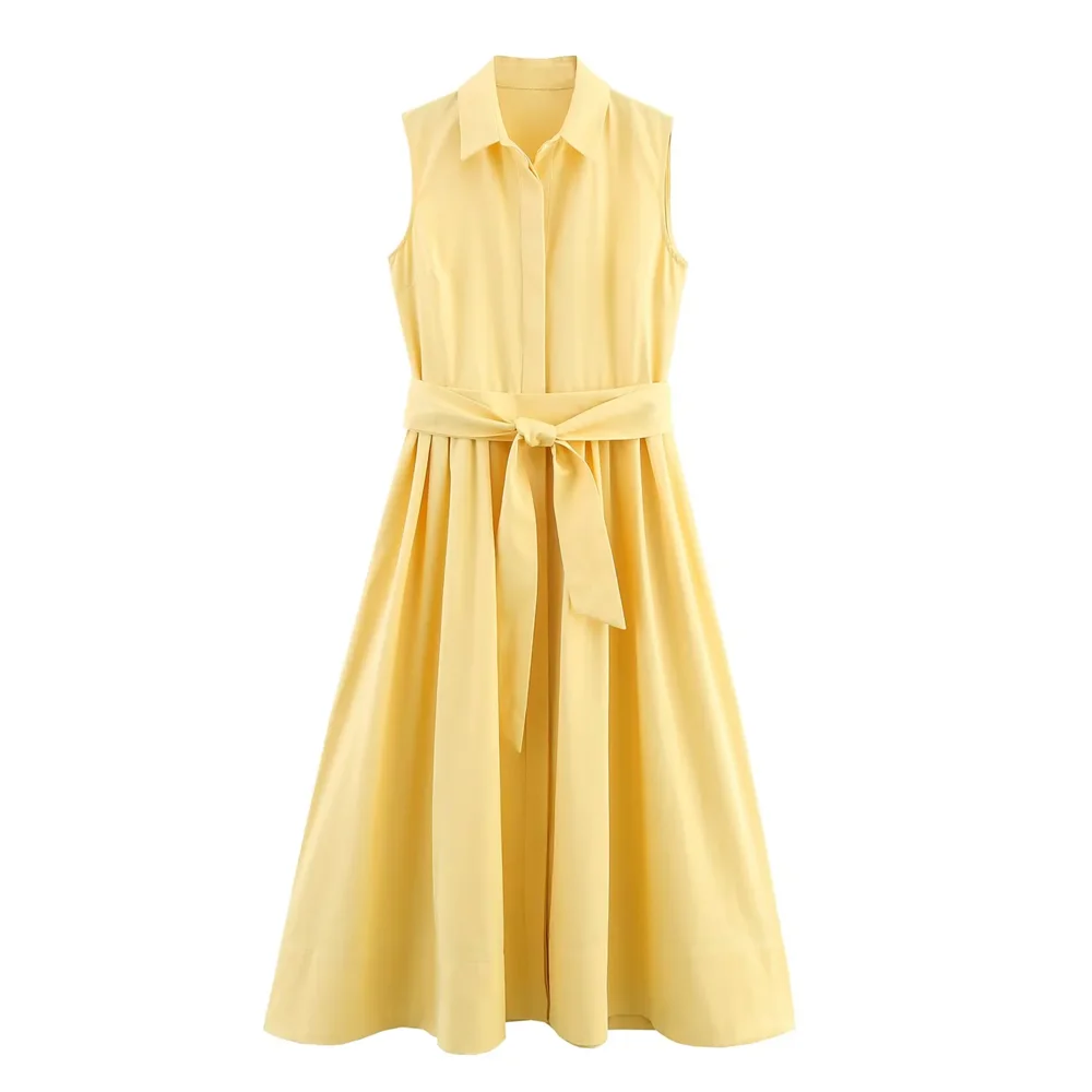 BM&MD&ZA2025belt shirt-style lapel sleeveless loose simple temperament commuting loose A-line dress long skirt female Aviola