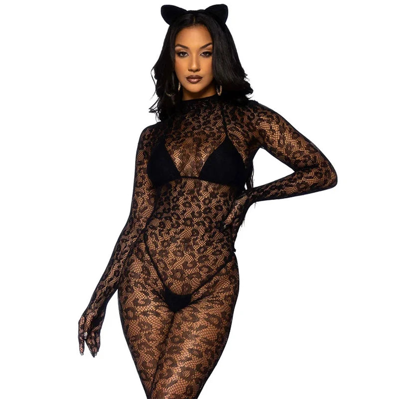 Exotic Baby Doll Costumes Sexy Crotchless Lingerie Women Backless Cutout Babydoll Chemises Mesh Sheer Leopard Print Bodystocking Aviola