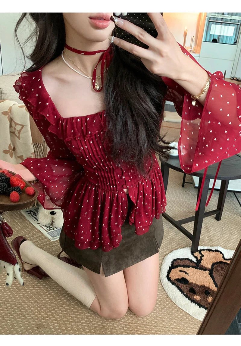 MEXZT Vintage Polka Dots Shirts Women Elegant Red Ruffles Lace Up Blouses Summer Korean Square Collar Long Sleeve Design Tops Aviola