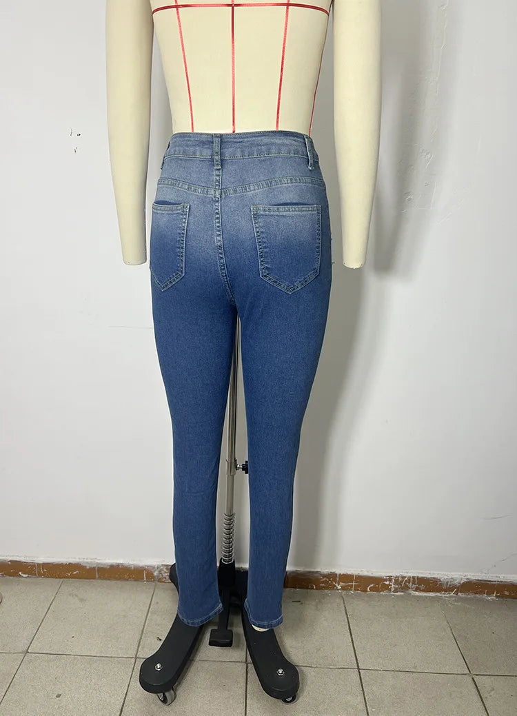 Jeans Women Hole Denim Pencil Pants Ripped Distressed Washed Stretch Mom High Waist Straight Ankle Length Trousers Streetwear Aviola