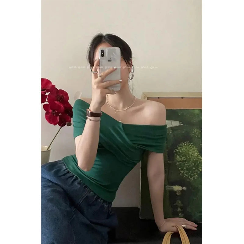 MEXZT Vintage Slash Neck T Shirts Women Streetwear Sexy Cross White Crop Tops Summer Korean Elegant Short Sleeve Design Tees New Aviola