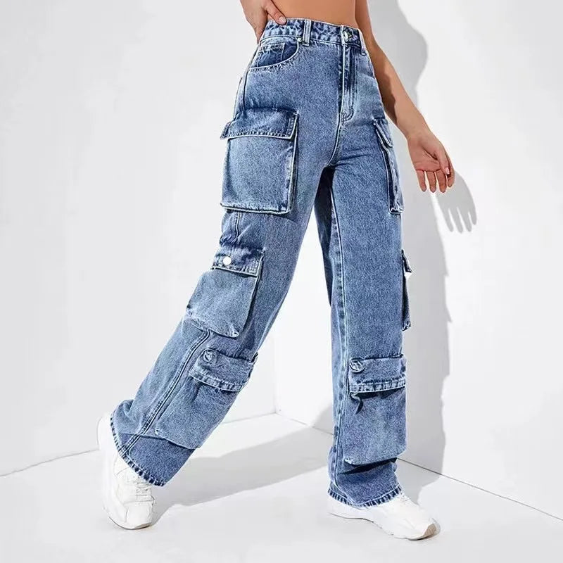 Women Jeans Zipper Fly Flat Cargo Pants Denim Pockets Clamshell High Waist Loose Mom Jeans Winter Clamshell Streewear Color Aviola
