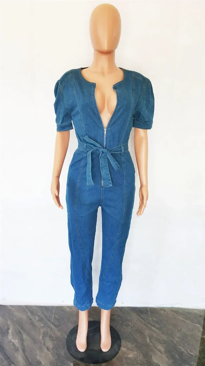 Sexy Denim Jumpsuit for Women Lace-up Pencil Pant Jeans Short Sleeve Sashes Long Rompers Playsuits One Piece Overalls Outfits Aviola
