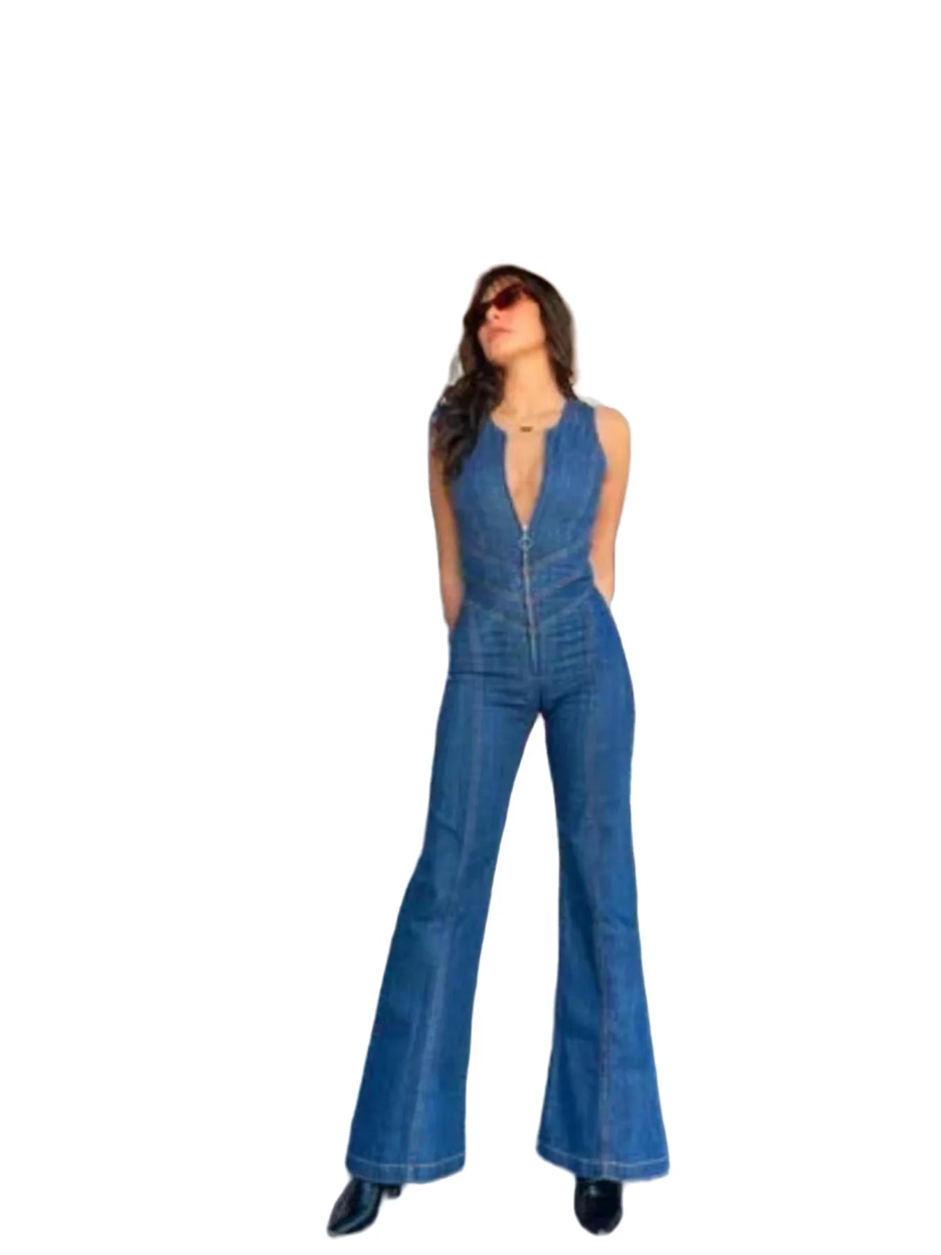 One Piece Denim Jumpsuit Summer New Slim Thin Backless High Waist Overalls Jeans Sleeveless Zipper V Neck Rompers Long Pants Aviola